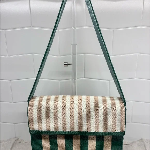 Altar'd State Beaded Shoulder Bag - Green and Beige Striped - Boho - Picture 1 of 12